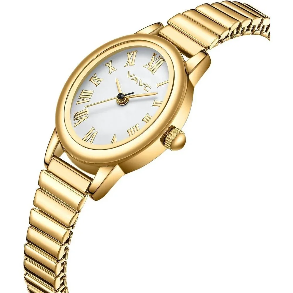 Women's Gold Watch with Stainless Steel Expansion Band Oval Case Roman Dial